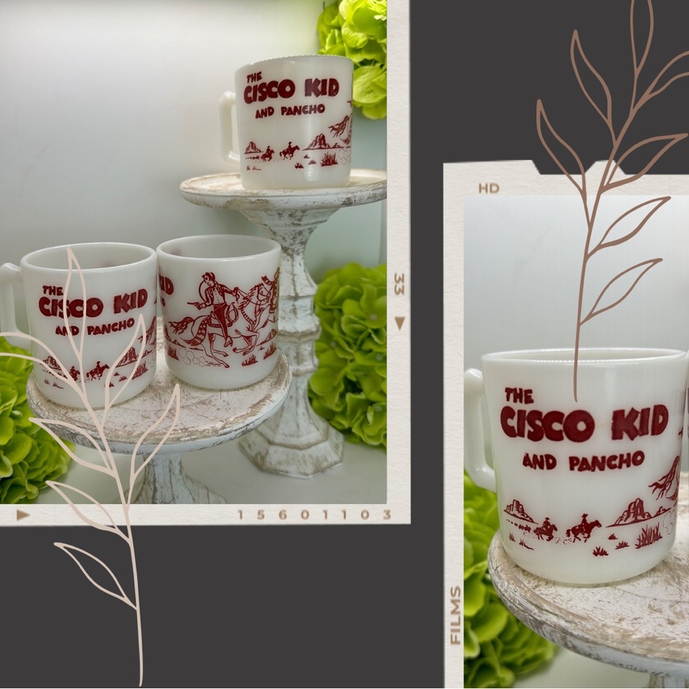 Cisco Kid and Pancho 50s Mug Red/Milk Glass Hazel Atlas Set